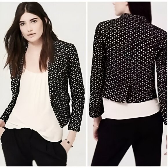 LOFT Jackets & Blazers - Loft Black Nude Tan Cotton Cropped Fitted Floral Eyelet Dress Blazer Jacket XS 2